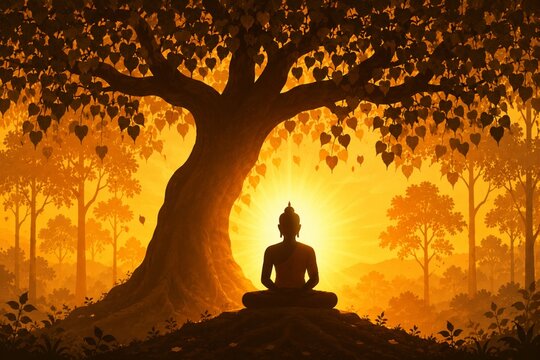 Buddha meditating beneath Bodhi tree at sunrise
