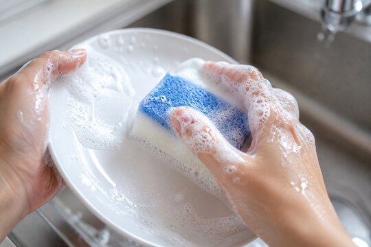 Hand washing white ceramic plate with soapy sponge
