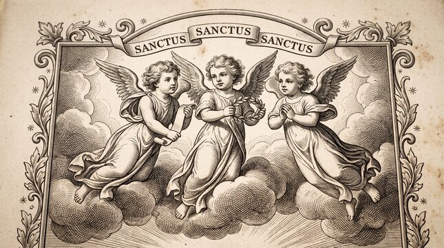 Classical angelic illustration with ornate scrollwork and clouds.