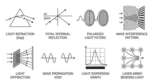Physics concepts light refraction reflection diffraction interference polarization graphs.