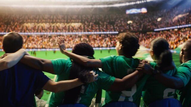 Rear view of soccer supporters swaying with linked arms in stadium seats for fan culture, stadium atmosphere and team support content.