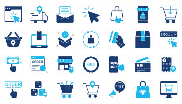 A set of icons related to Online Shopping. Shop, mobile, smart, delivery, package, shopping bag, order, sale, and so on.