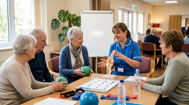 Nurse explaining knee joint health to elderly group in care home