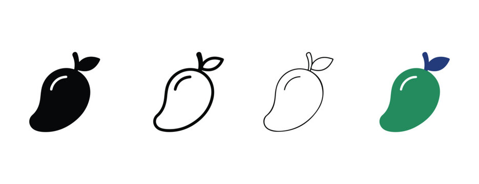 mango icons in black white and green with leaves on white background