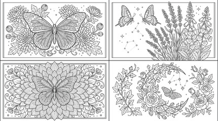Intricate butterfly and botanical floral coloring pages collection featuring mandala, wildflowers, lavender, roses, celestial wreaths, and decorative outline vector illustration set © MdMostafijur