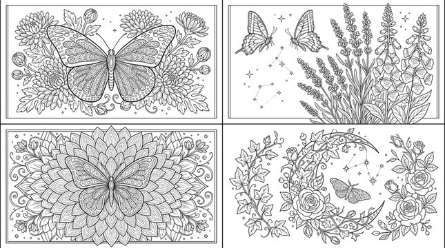 Intricate butterfly and botanical floral coloring pages collection featuring mandala, wildflowers, lavender, roses, celestial wreaths, and decorative outline vector illustration set