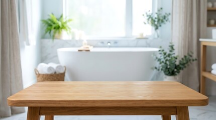 Fototapeta premium Empty wooden table in modern bathroom interior for product mockup display with blurred white bathtub and green plants.