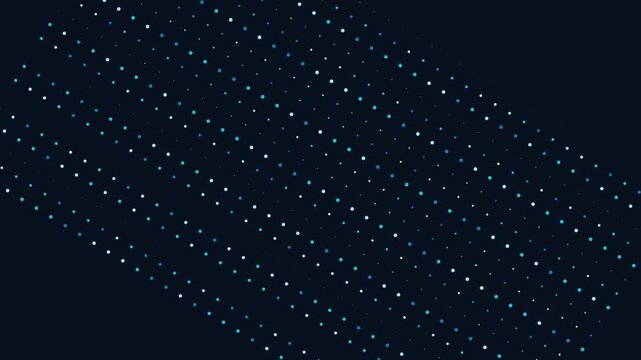 Glowing blue dots arranged in precise diagonal grid patterns moving across a dark navy blue space