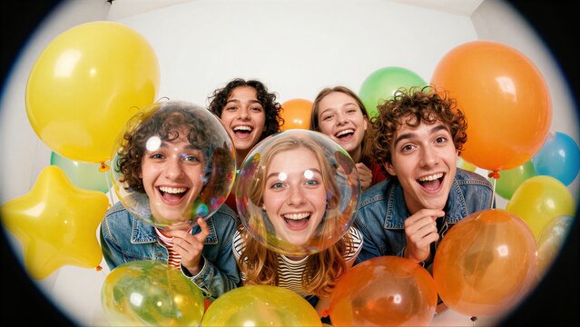 Five smiling friends play with bubbles amidst colorful balloons in a joyful celebration.