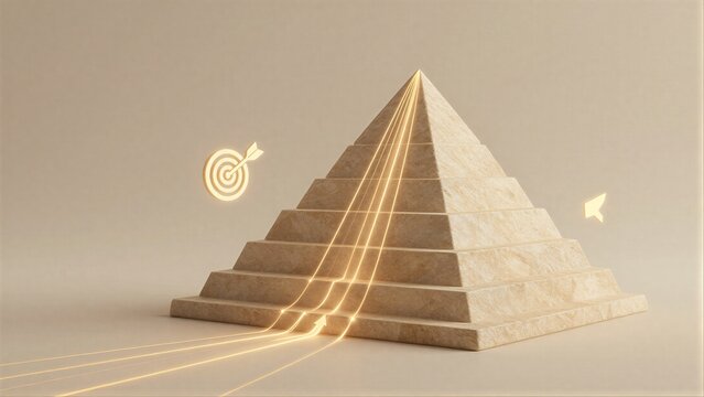Golden pyramid with arrows and targets symbolizing goals, progress, and achievement.
