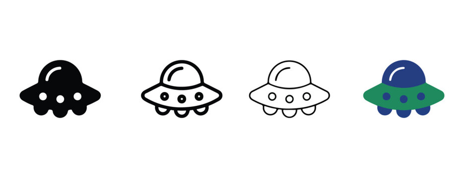 UFO spaceship icons in various styles and colors on white background  simple illustrations