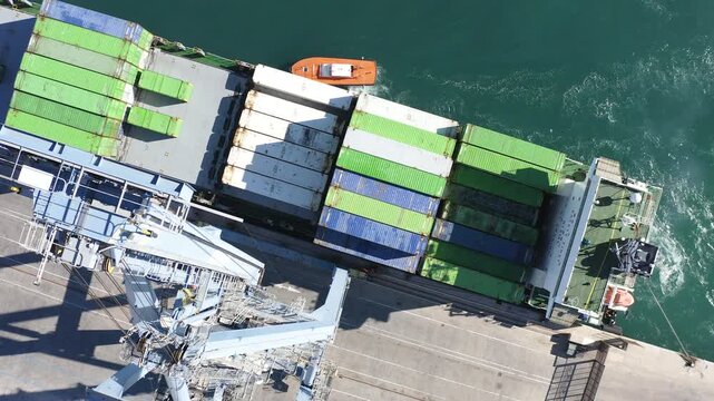 Aerial view of a container ship downloading containers in the port of Alicante, in the Mediterranean coast of Spain.