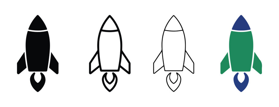 rocket ship icons in various styles and colors on white background for design and technology concepts  simple illustrations of rockets