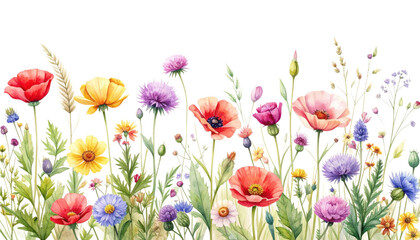 Fototapeta premium Vibrant Summer Watercolor Flower Meadow Poppy Field Wildflower Art Illustration Background Border Design Download Stock Image