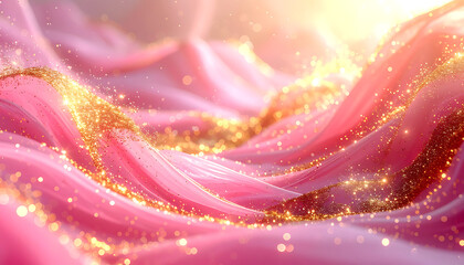 Abstract flowing pink fabric waves with sparkling gold glitter dust and bokeh highlights, luxurious soft texture background © delia