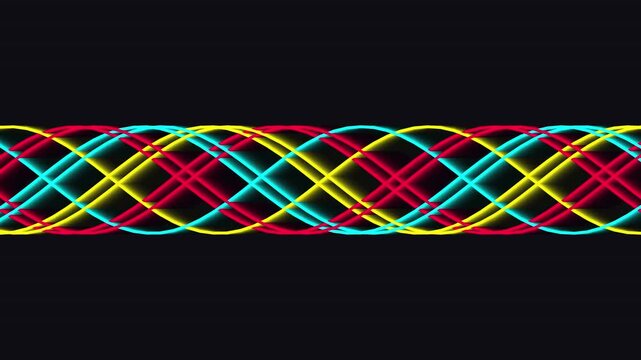 Vibrant glowing neon wave lines flowing across the horizontal frame in colorful electric light patterns