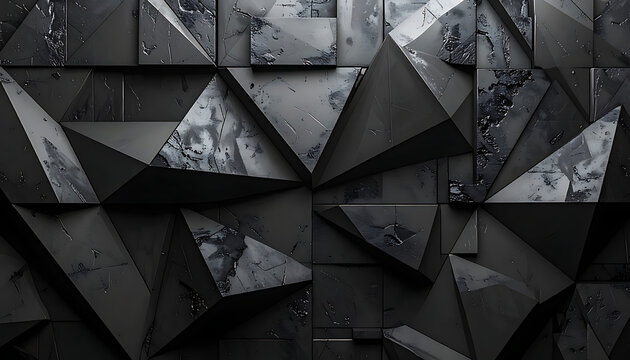 Abstract geometric dark background with sharp triangular shapes and textured surfaces, dynamic digital pattern with subtle sparkle