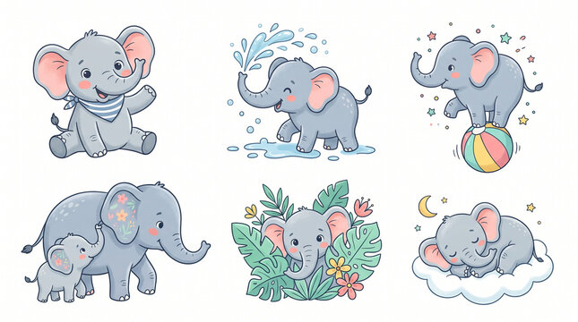 set of funny animals elephants