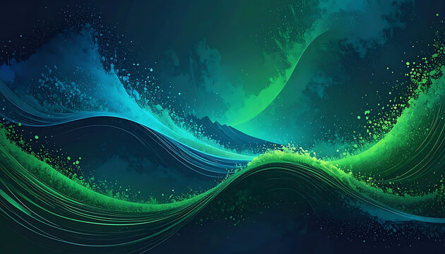 Abstract flowing waves of emerald green and deep blue light, digital particles and textured brush strokes, futuristic data stream