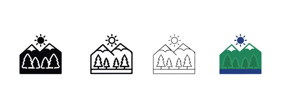 mountain landscape icons with trees and sun  different colors and styles