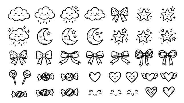 Hand drawn kawaii cute aesthetic icons cloud star moon bow ribbon candy heart blush, black ink sketch vector illustration
