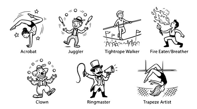 Hand drawn circus performer icons acrobat juggler tightrope fire clown ringmaster trapeze, black ink sketch vector illustration
