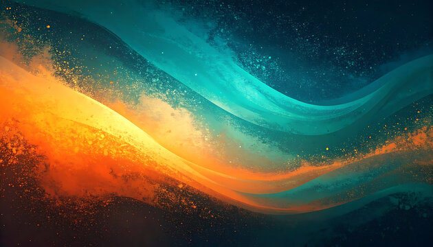 Abstract flowing waves of orange and teal light particles and dust on dark background, digital art