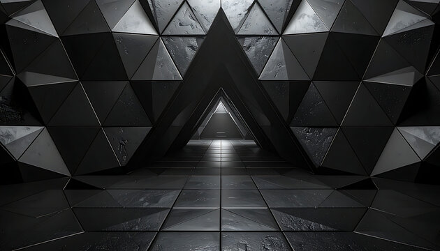 Abstract futuristic geometric tunnel with reflective triangular panels and subtle lighting effects, dark metallic texture, sci-fi interior design, digital art