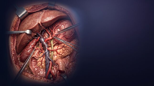 An intricate view of human abdominal organs with surgical instruments suggesting a complex medical procedure.