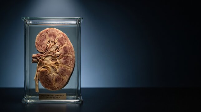 A preserved human kidney specimen displayed in a glass jar, highlighting its anatomical structure.