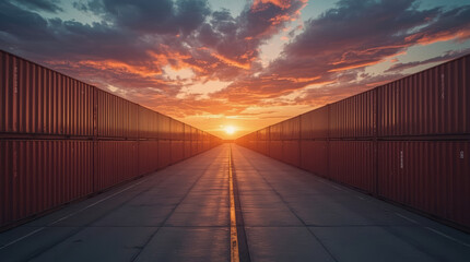Fototapeta premium Sunset shipping container corridor with dramatic sky and warm light