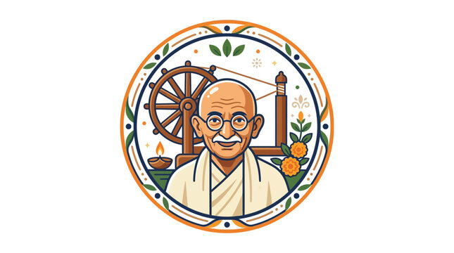 Illustration of Elderly Man with Spinning Wheel and Floral Frame