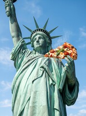Fototapeta premium The Statue of Liberty holds flowers in her hand under a clear blue sky