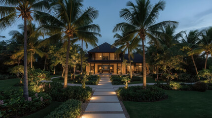 Fototapeta premium Exclusive island retreat walkway lit by landscape lights leading to elegant tropical villa dusk