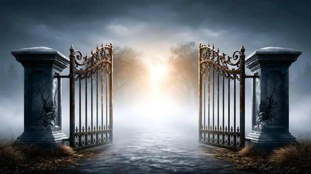 Old Cemetery Gates Standing Open in Thick Fog at Night