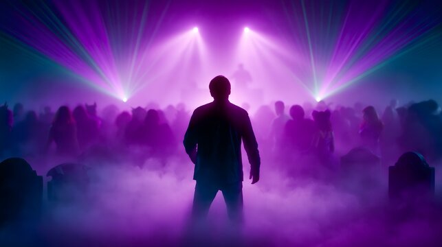 Costumed Crowd Dancing at Halloween Nightclub with Lasers