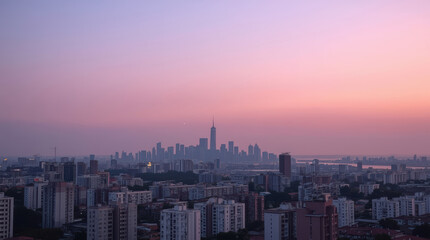 Fototapeta premium Dense urban skyline at civil twilight with pastel pink sky and distant highrise silhouette