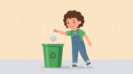 Naklejka premium Cartoon Boy Putting Waste in Recycling Container for Eco Awareness Concept