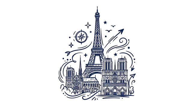 Paris Landmarks Illustration: Eiffel Tower, Notre Dame, Compass, Arrows, Stars
