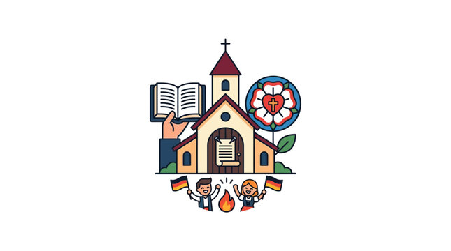 Illustration of Protestant Church with Bible, Rose Emblem, and Worshipers