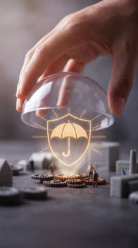 Insurance protection concept with shield and umbrella icon under glass dome representing customer value proposition cvp