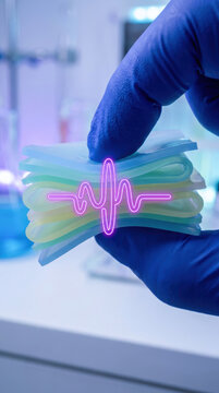 Medical glove holding layered hydrogel with neon pulse symbol representing customer value proposition and cvp in healthcare innovation