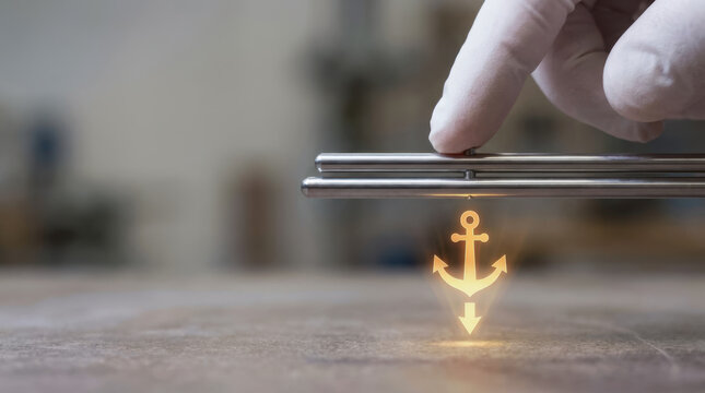 Smartphone technology innovation customer value proposition concept with hand holding mobile device and glowing anchor symbol for cvp