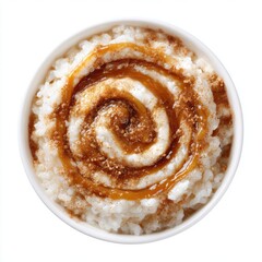 Fototapeta premium Rice dessert with caramel swirl and cinnamon powder isolated on a white background