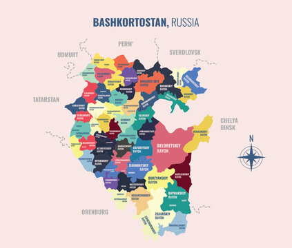 Bashkortostan Russia Federal into Raion in a minimalist colorful style map showing