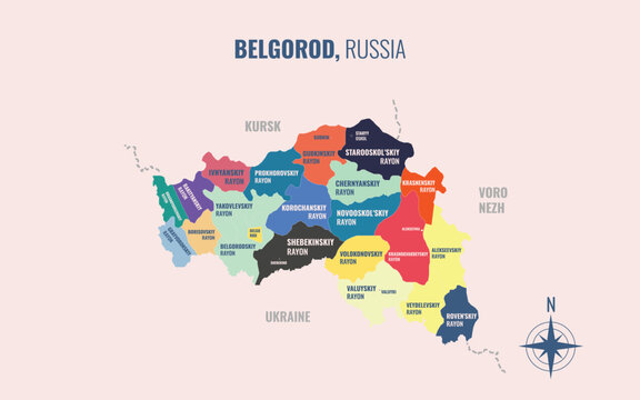 Belgorod Russia Federal into Raion in a minimalist colorful style map showing