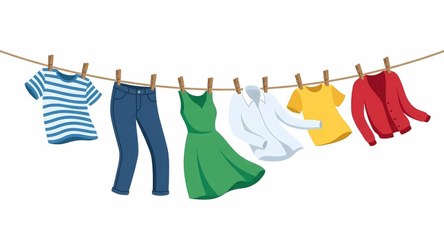 Vector illustration of colorful laundry including striped shirt, jeans, green dress, white shirt, and red cardigan hanging on a clothesline with wooden pegs blowing in the wind isolated.