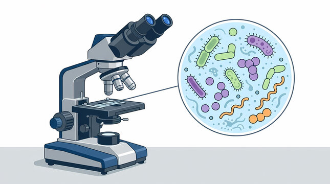 Vector illustration of a professional binocular laboratory microscope with an enlarged circular view showing colorful microorganisms, bacteria, and germs for scientific research and education.