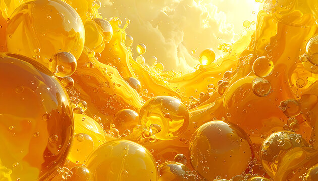 Abstract golden liquid splash with bubbles and light flares, dynamic fluid motion, viscous texture, energy and movement