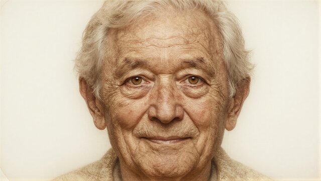 Elderly man with warm eyes and gentle smile, serene expression against soft background.